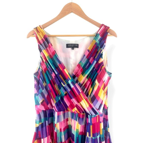 Jones New York Multi-Color Vibrant Silk Sleeveless Dress Size 14 Summer Wedding - Picture 2 of 8